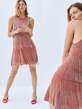 Fringe Metallic Coral Shift Dress